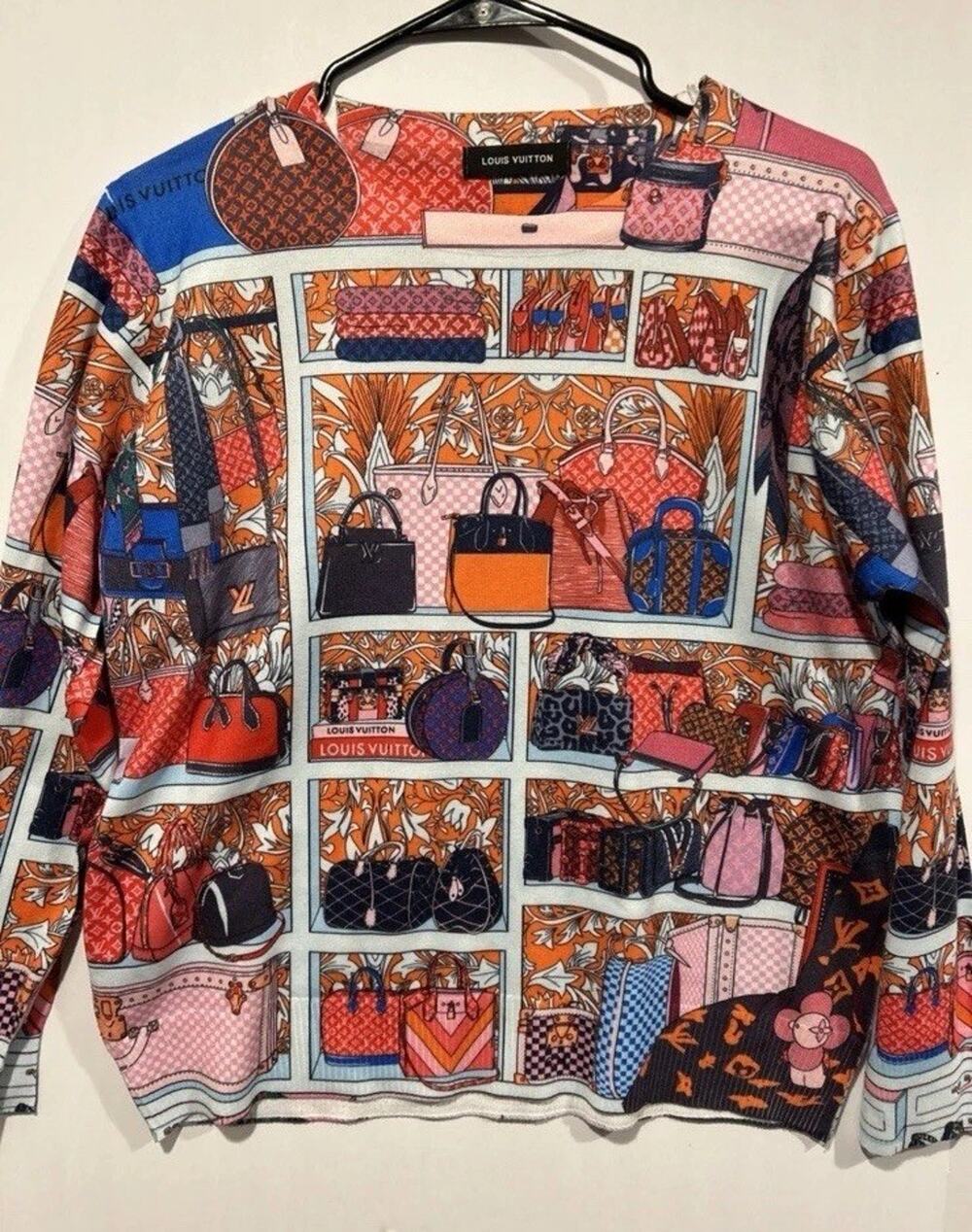 Designer Inspired Handbag Print Sweater Womens Size L Colorful Boutique Knit Top
